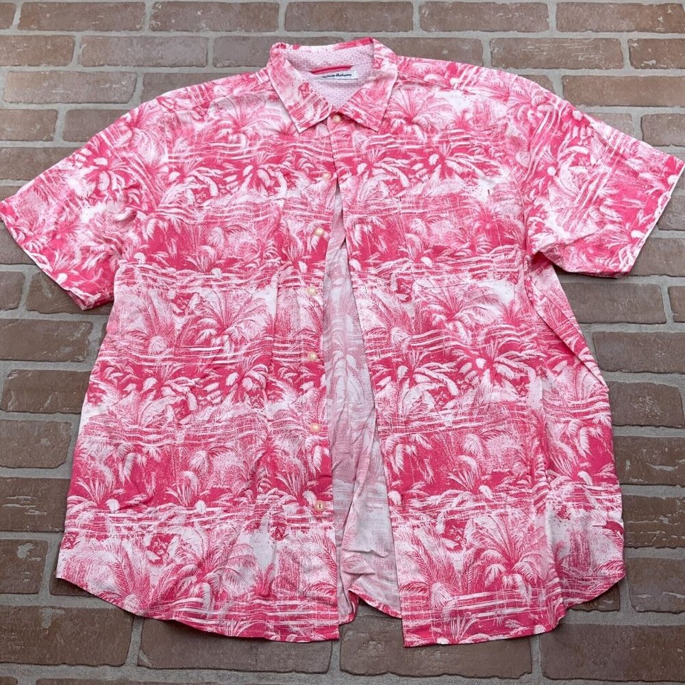 Tommy Bahama Shirt Men XLarge Pink White Palm Tree Tropical Aloha Vacation